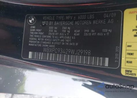 2009 BMW X3 xDrive30I из США, поврежденный, VIN WBXPC93429WJ29198